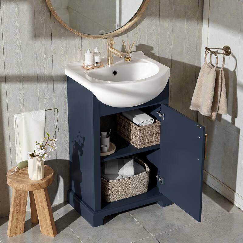 20" Bathroom Vanity with Bulged Ceramic Sink, French Style Freestanding Single Vanity with Soft-Close Door