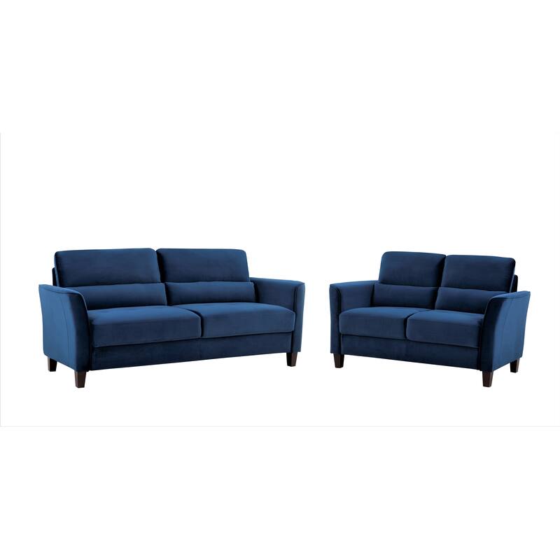 2 Pieces Mid Century Modern Upholstered Sloped Arms Living Room Set, Loveseat and Sofa - Dark Blue