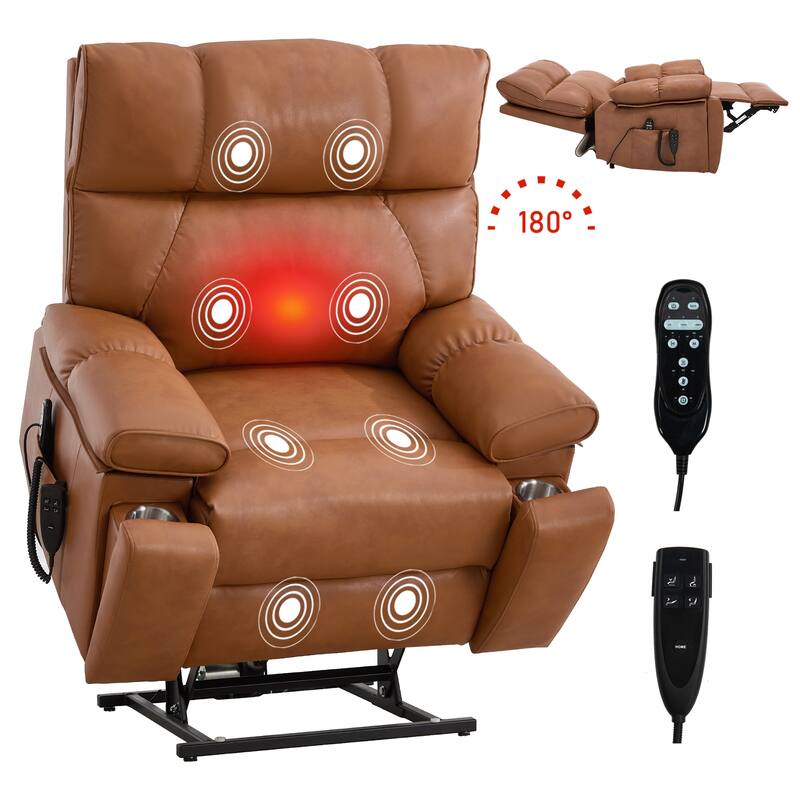 Leatheraire Heat Massage Dual Motor Infinite Position Up to 350 LBS Large Electric Power Lift Recliners with Hidden Cup Holders
