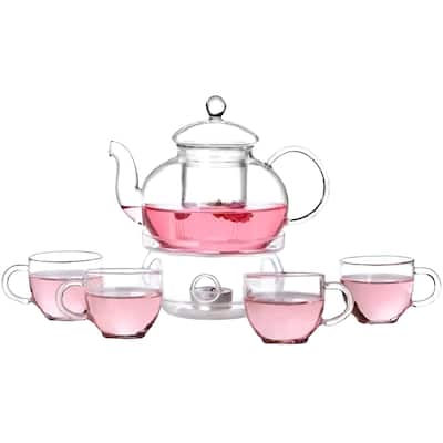 6-Piece Glass Tea Pot Set with Infuser Warmer and 4 Cups for Hot Tea and Kung Fu Ceremonies - 2'' H
