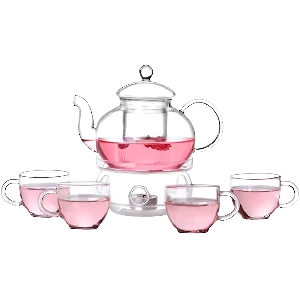 6-Piece Glass Tea Pot Set with Infuser Warmer and 4 Cups for Hot Tea and Kung Fu Ceremonies - 2'' H