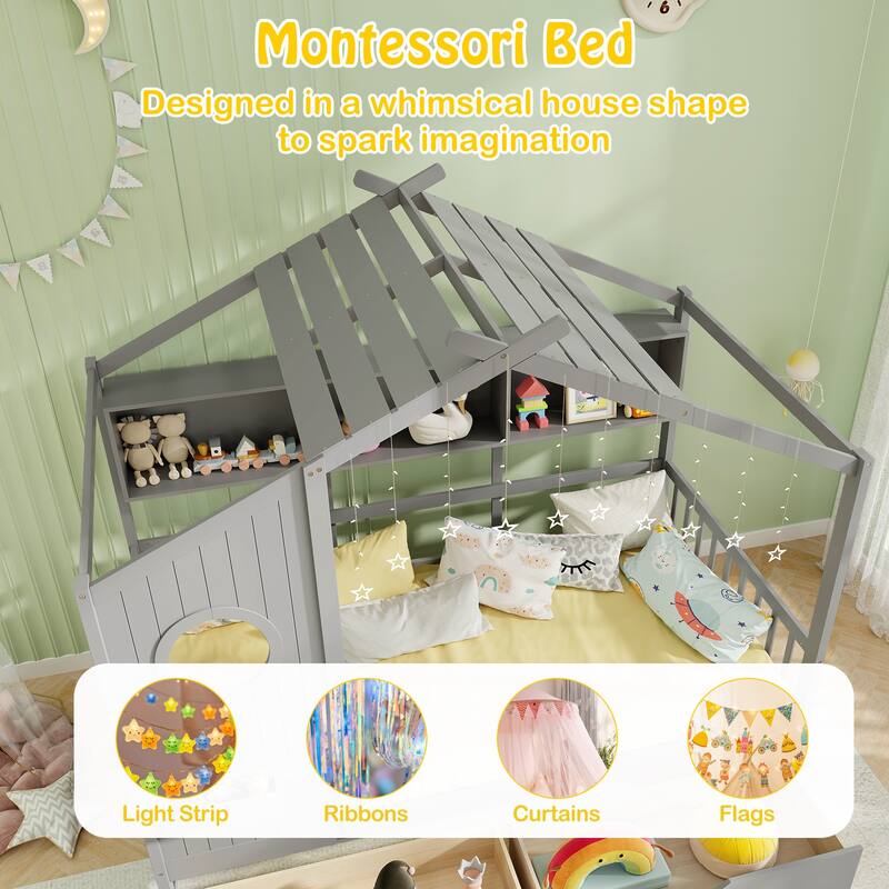 Gymax Twin Size House Bed Kids Bed Frame w/ 2 Storage Drawers & Fence
