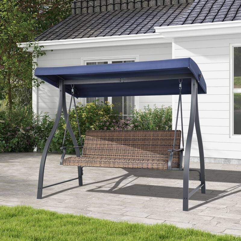 Aoodor 3-Seat Outdoor Rattan Patio Swing with Adjustable Canopy - Stylish Comfort for Your Porch, Garden, and Yard