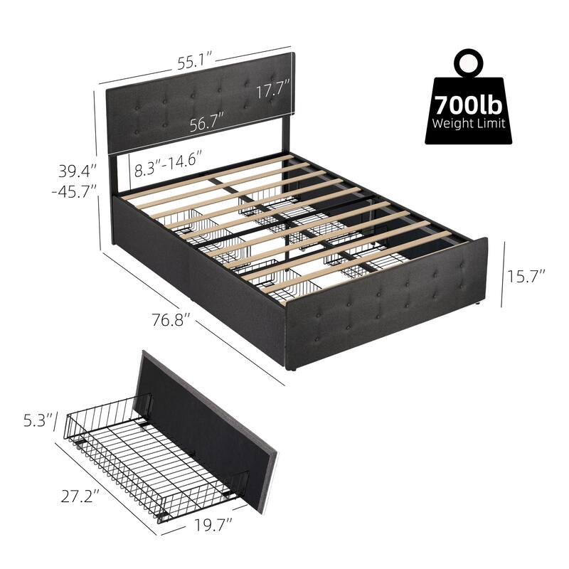Bed Framewith 4 Storage Drawers and Adjustable Lined Headboard