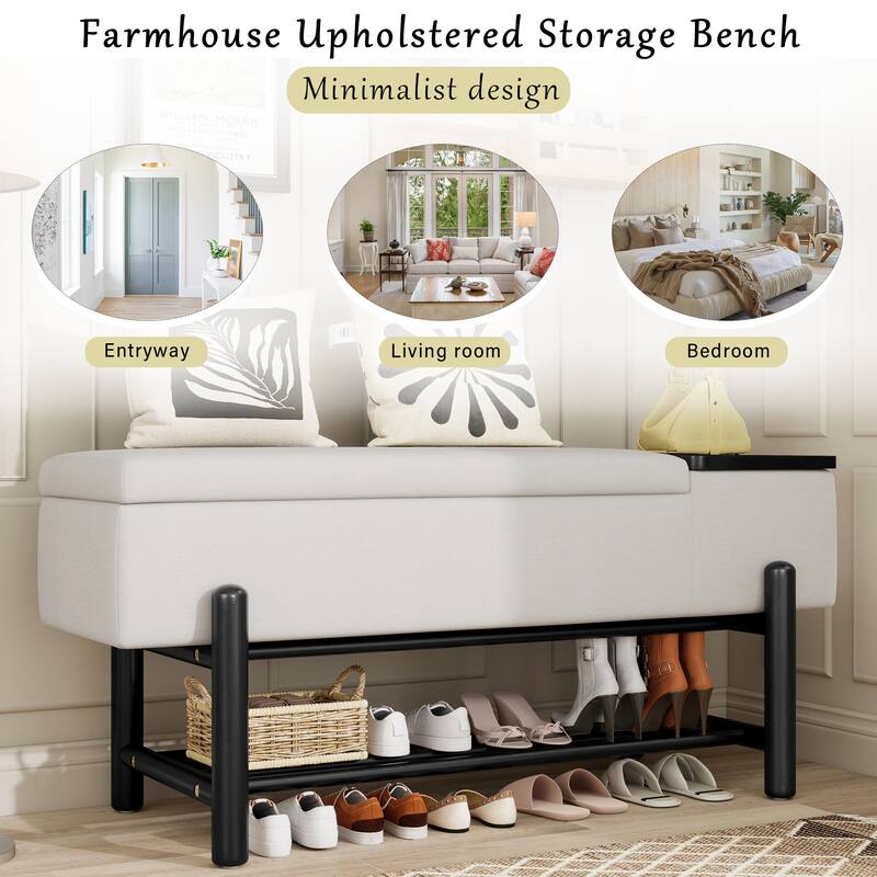 Farmhouse Upholstered Storage Bench with Hidden Compartment for Entryway & Living Room