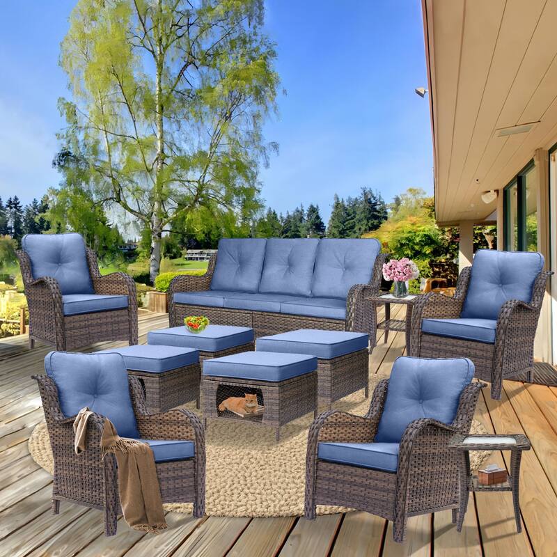 Brown Wicker Outdoor Patio Furniture Sofa Set with Denim Blue Cushions