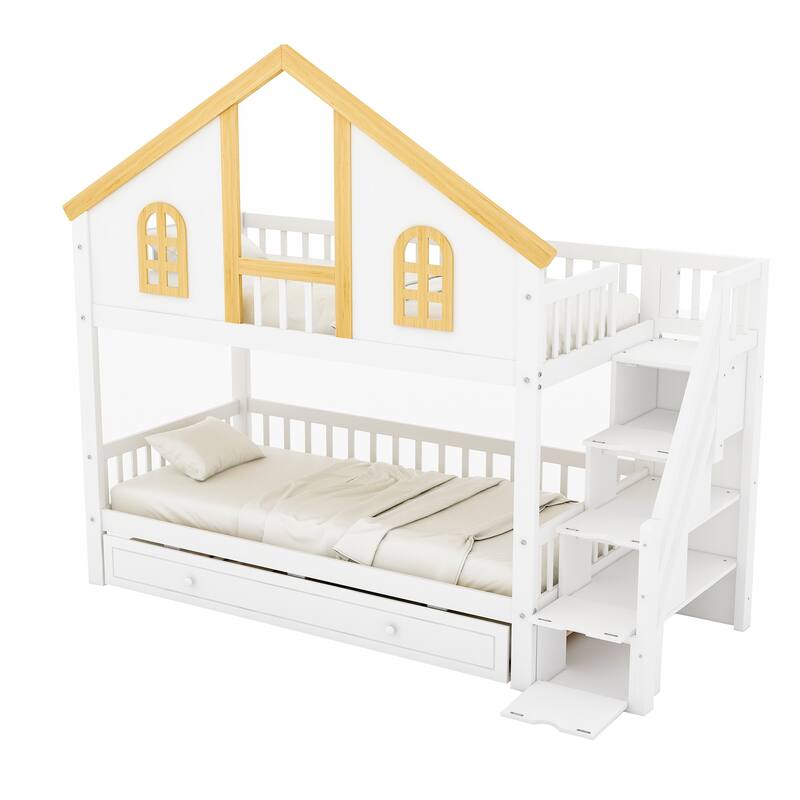 Fairytale Bunk Bed with Window Door House-shaped Roof Frame and Storage Staircase, Optional with Storage Drawers or Trundle Bed