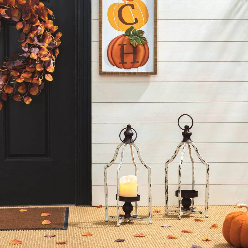 Set of 2 Farmhouse Metal Decorative Lanterns Hanging Candle Holders Wedding Decor by Glitzhome