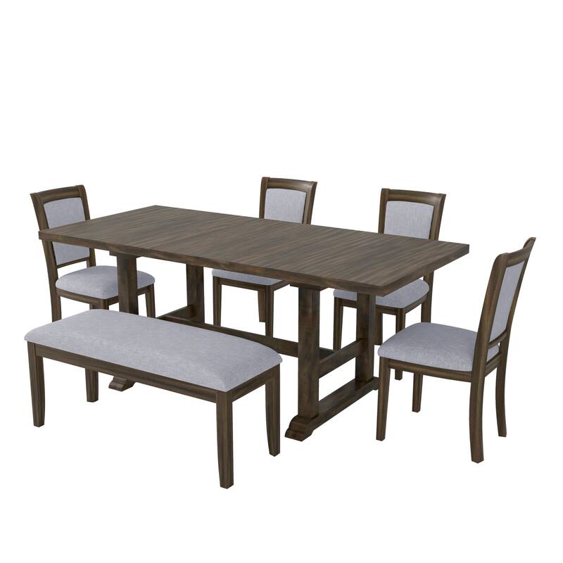 6-Piece Extendable Trestle Dining Table Set with Removable Leaf, Kitchen Set with Upholstered Chairs and Bench