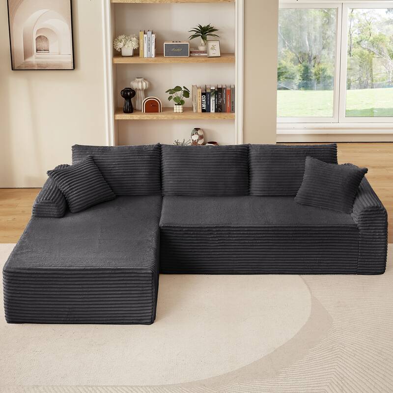 Modular Corduroy Sectional Sofa with Arched Armrests & Pillows, Modern L-Shape Upholstered Couches with Chaise for Apartment - Dark Gray