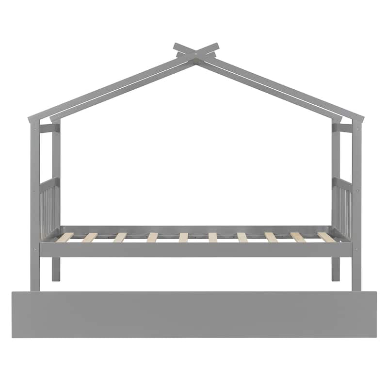 Creativity House Bed Twin/ Full Size Frame with Trundle for Boys Girls, Wood Platform Bed with Roof No Box Spring Needed