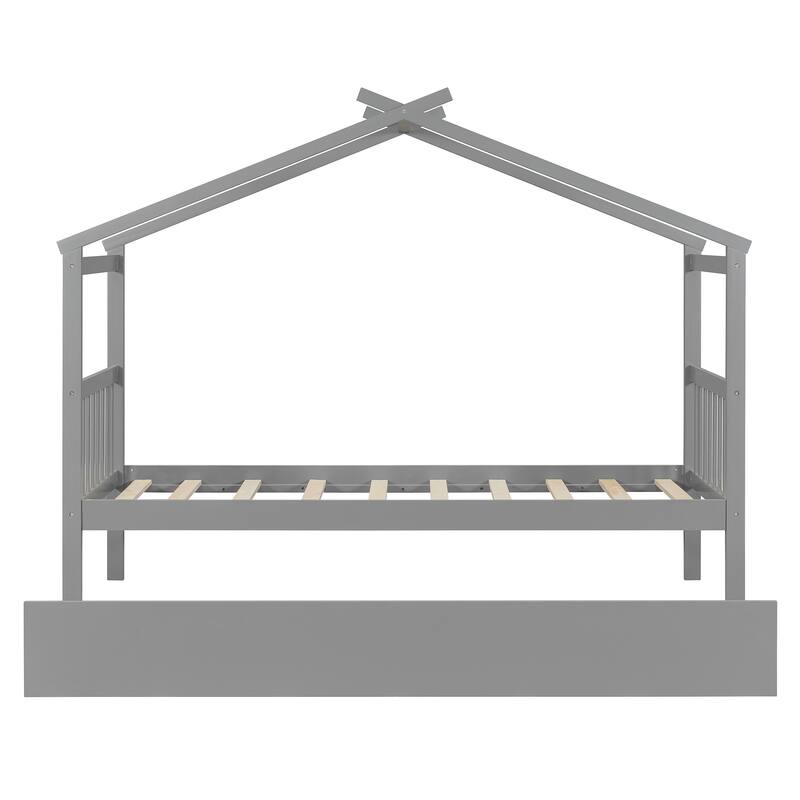 Solid Wood House Platform Bed Frame with Trundle Bed and Roof
