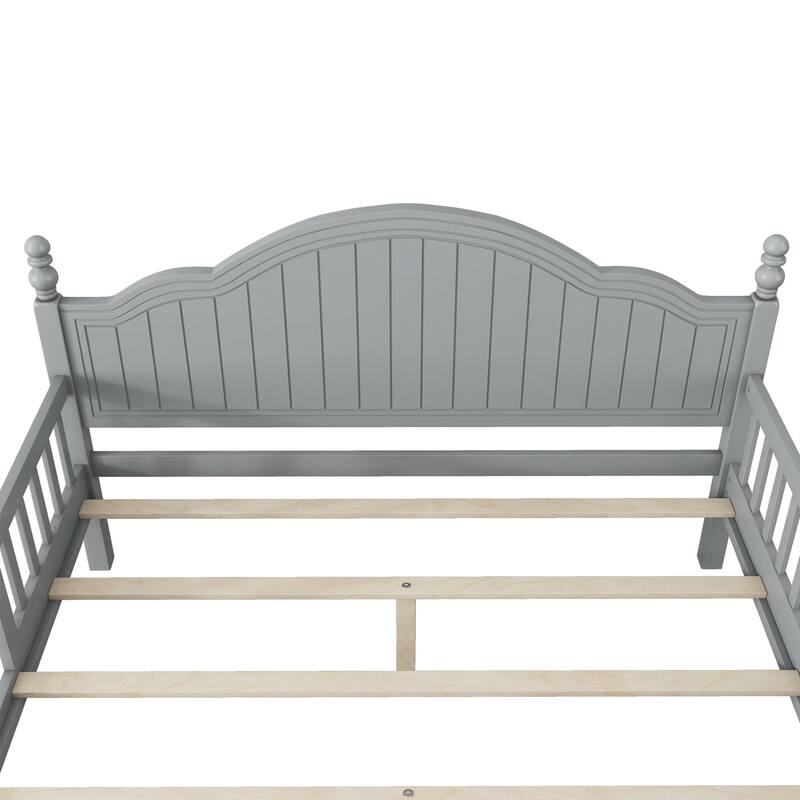Kids Wooden Platform Bed with Headboard and Footboard, Low Profile Bed Frame with Removable Guardrail Design
