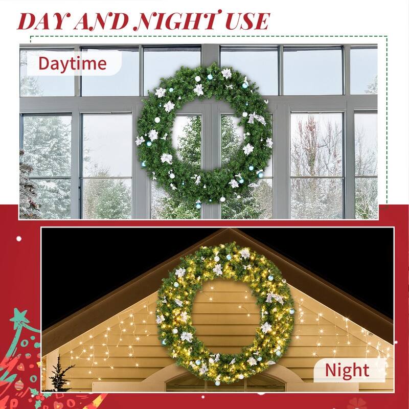 Pre-lit Christmas Wreath, Lighted Artificial Xmas Wreath with Lights and DIY Ornaments, for Xmas Party Decorations