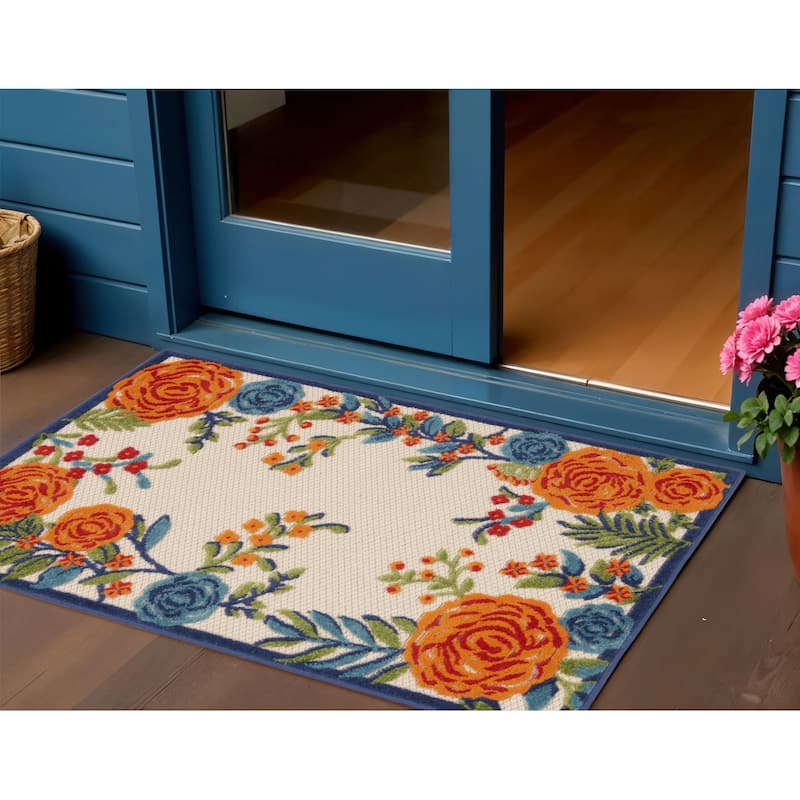 Gafi Botanic Elegance Sun-Resistant Colors Trendy Modern Outdoor Rug - 3' X 4' - 3' X 4' - Orange/Blue/Ivory