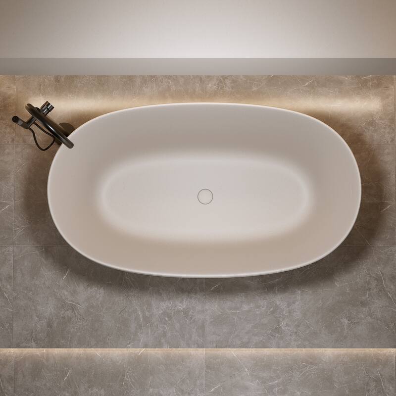 Solid Surface Freestanding Soaking Bathtub with Center Drain and Pop-up Drain, Modern Tubs with Overflow