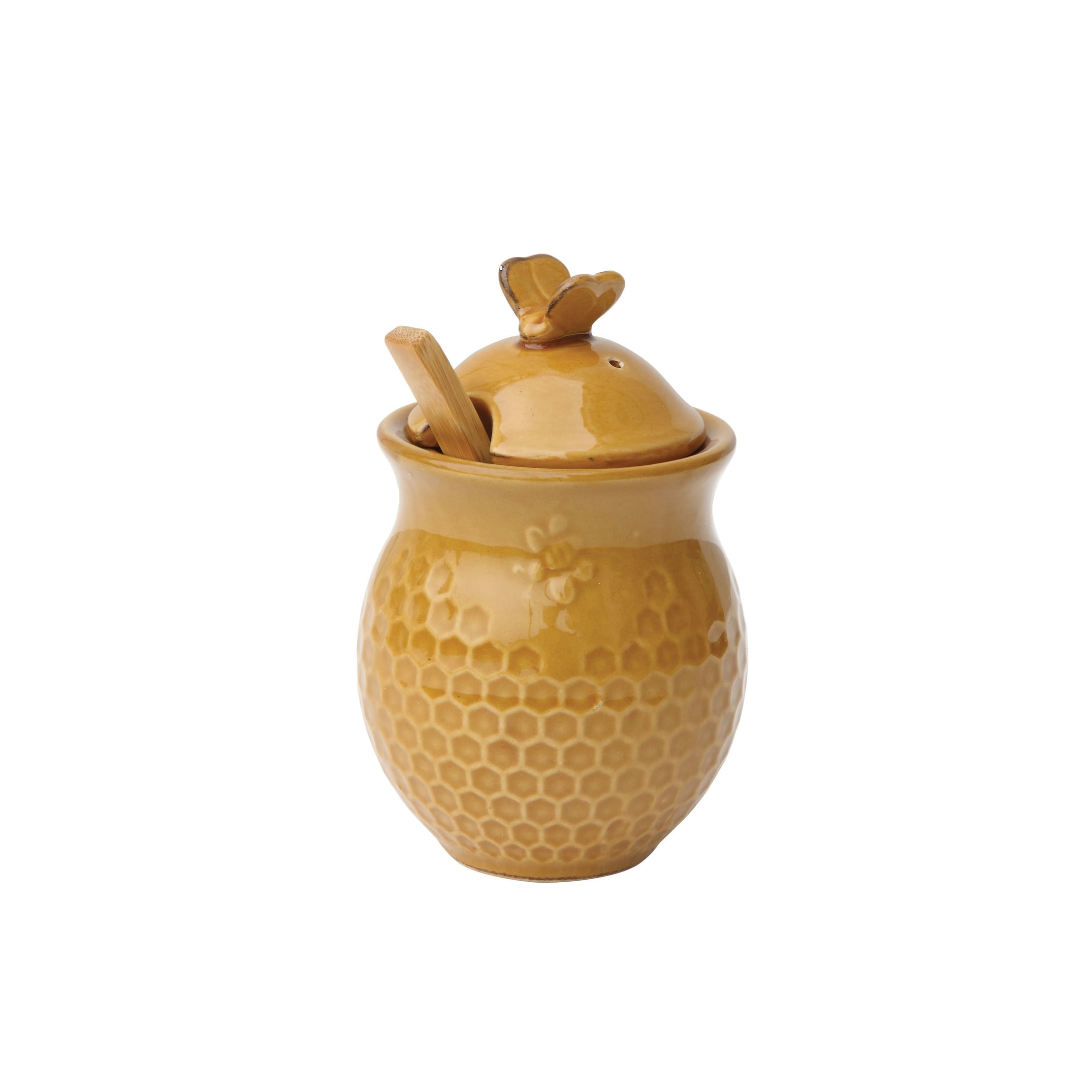 Stoneware Honey Jar with Lid & Wood Honey Dipper - 2.8"L x 2.8"W x 4.5"H