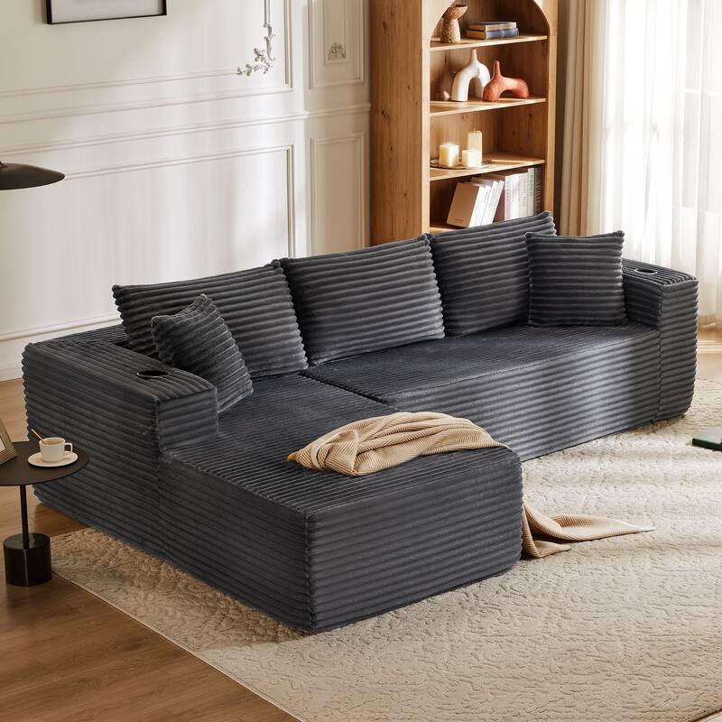 104" Upholstered No-Assembly Modular Sofa Chaise Sofa with Cupholders, Free Combination