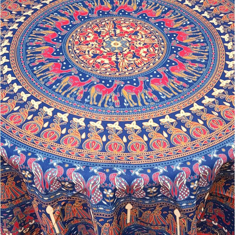 Cotton Traditional Mandala Elephant Floral Tablecloth Round - 81-in Round