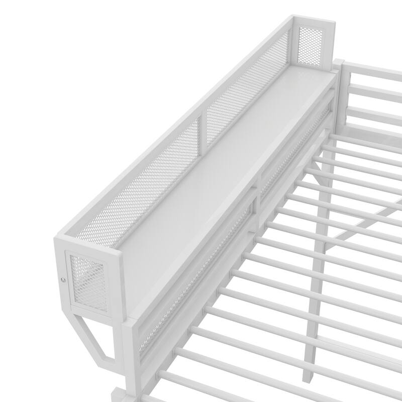 Queen Size Metal Loft Bed with Storage Shelves and Ladder, White