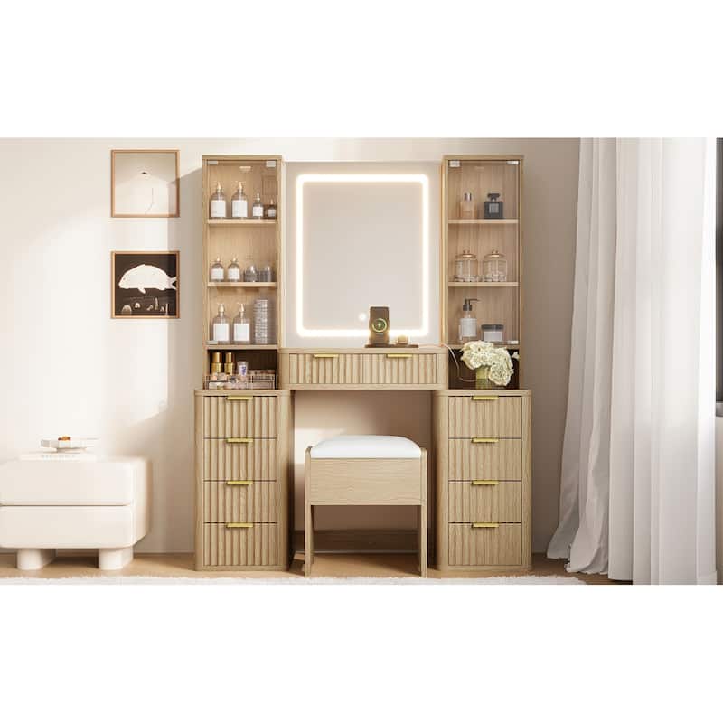 Roomfitters 43.5" Makeup Vanity with LED Lighted Mirror, Fluted Ribbed Drawers, Charging Station, 9 Drawers and Stool, Oak