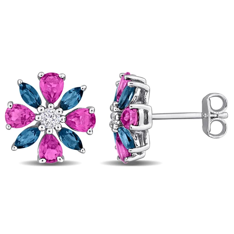 Miadora Multi-Gem Flower Stud Earrings Sterling Silver - Blue