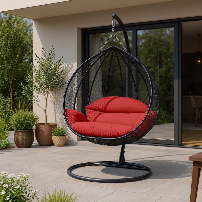 2-Person Outdoor Hanging Egg Chair with Teardrop Frame, Weather-Resistant Cotton Cushioned Seat for Patio and Indoor Use