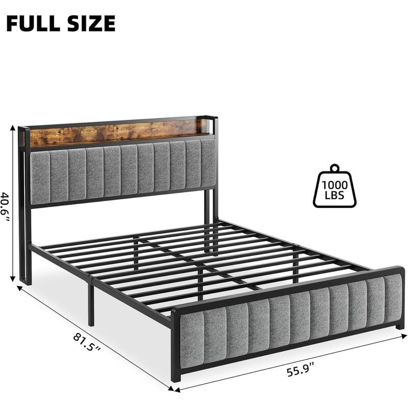 Full Size Upholstered Platform Bed Frame with Storage Headboard, Charging Station, Metal Slats, Noise-Free Design