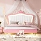 preview thumbnail 29 of 32, Remote Control LED Lights Bed Frame, PU Upholstered Princess Bed with Crown Headboard, Wood Slat Platform Bed