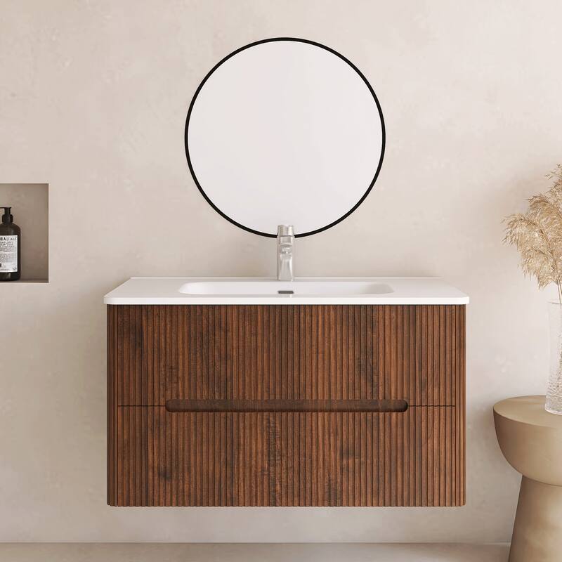 Floating Bathroom Vanity Integrated White Ceramic Sink - Walnut  - 35.82'' x 18.3'' x 20.35''