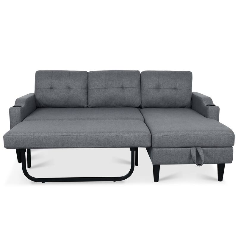 Pull Out Couch, L Shaped Convertible Sleeper Sofa Bed with Hidden Storage, 3-in-1 Upholstered Sectional Sofa with Cup Holder