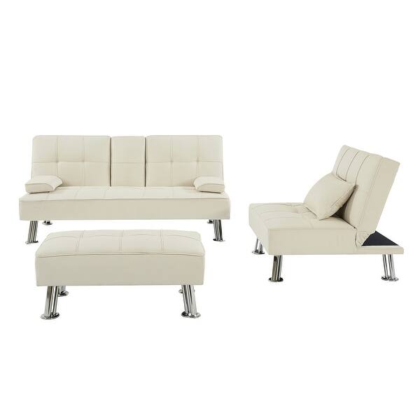 slide 1 of 5, Fabric Folding Sofa Bed with 2 Cup Holders Removable Armrest and Metal Legs Single Sofa Bed with Ottoman Beige