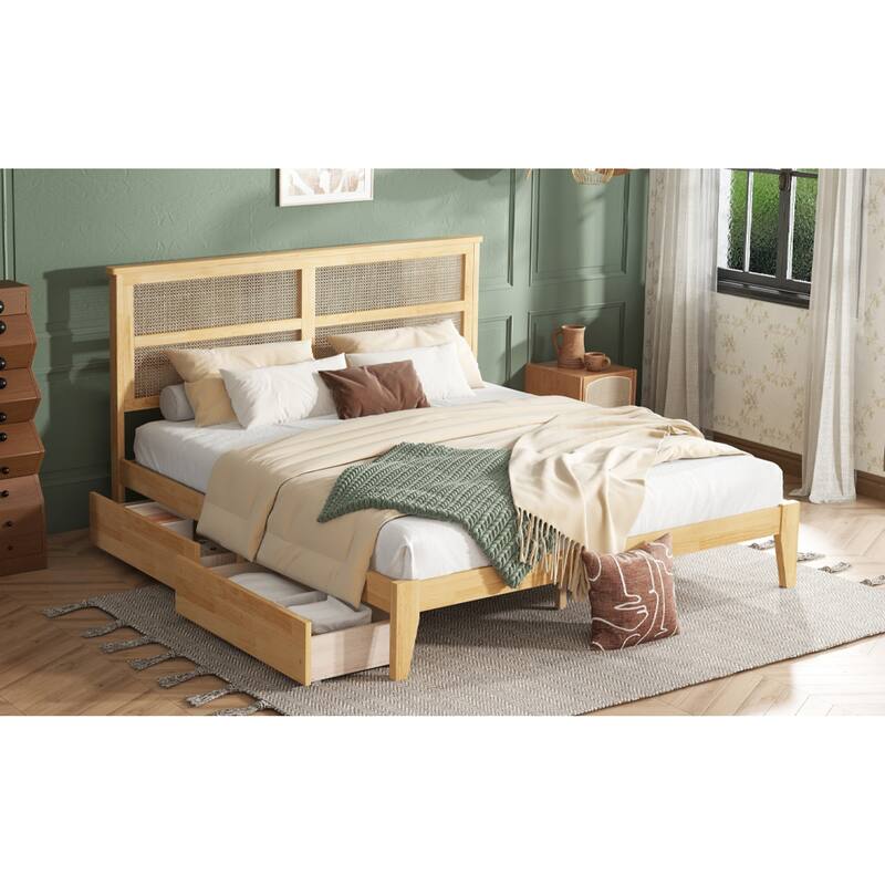 Roomfitters King Wood Bed with Rattan Headboard, Two Underbed Storage Compartments, Reinforced Slats & Support Feet