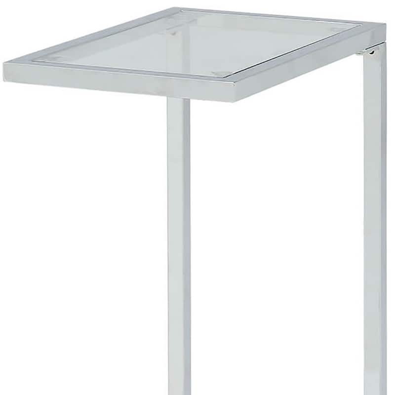 Silver Glass Top Steel End Table with White Sled Base and Modern Design - 16” x 10” x 25.5” (D x W x H)