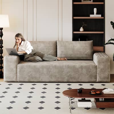 63" Corduroy Fabric Sofa, Camel, No Assembly, for Multiple Spaces