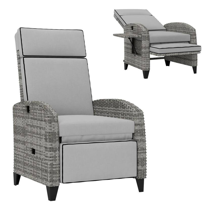 Outdoor Recliner with Cushions,Adjustable Footrest,Armrests,Tray Table