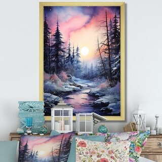 Designart "Pine Tree Winter Twilight I" Tree Pine Framed Canvas Wall ...