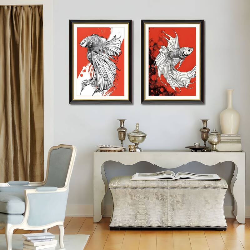 Set of 2 Betta Fish Canvas Wall Art - Interchangeable Prints with Solid Wood Frames, Modern Aquatic Artwork for Dining Room