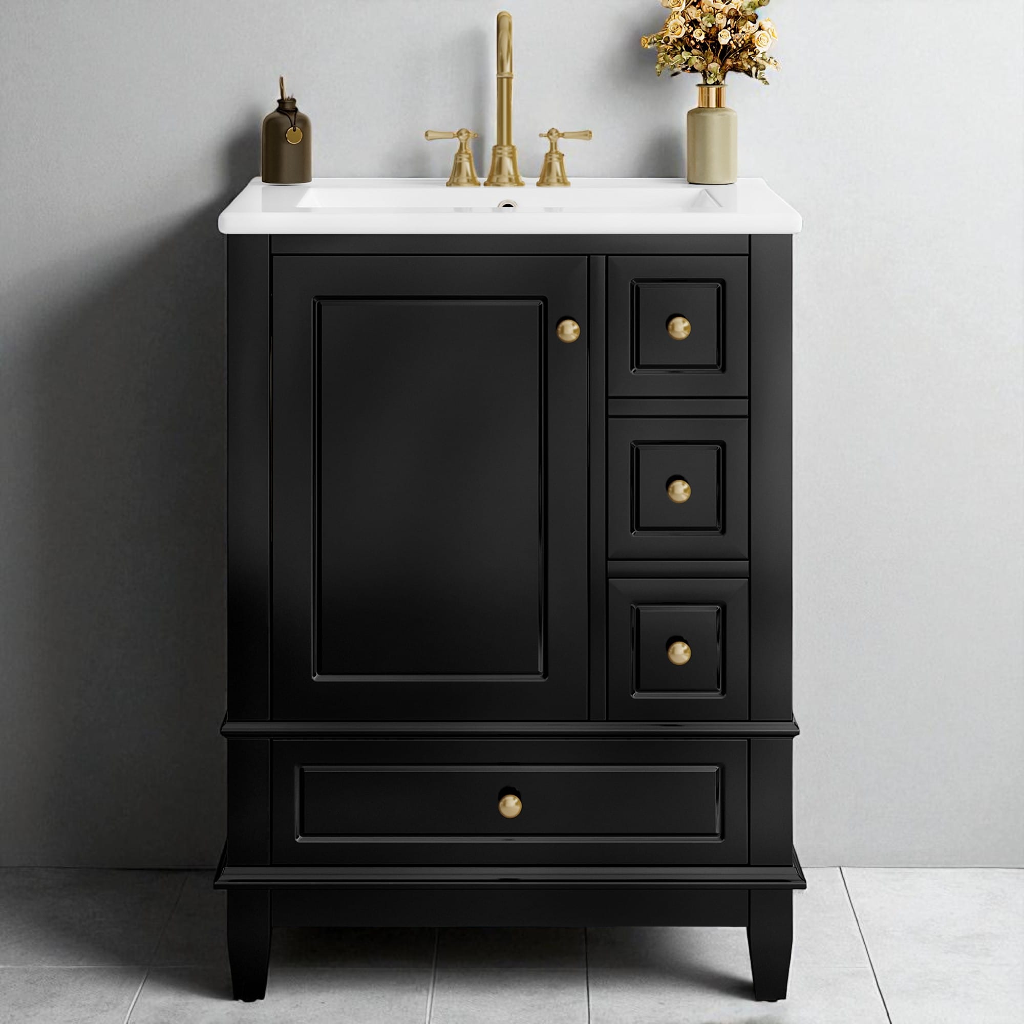 24" White Bathroom Vanity with Ceramic Sink Top, 3 Drawers, Side Cabinet & Freestanding Solid Wood Base for Small Spaces