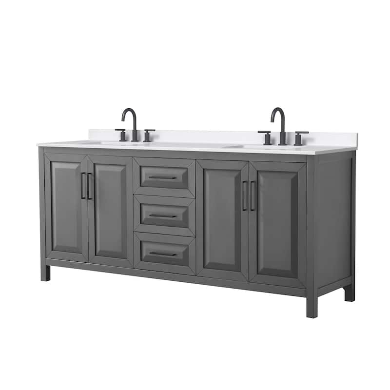 Daria 80-inch Double Vanity, 3 Hole Quartz Top - Dark Gray, Black Trim, White Quartz Top