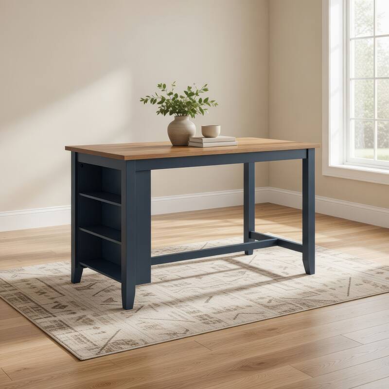 Gasy Counter Height Dining Table, 60 Inch, Dark Blue Brown Mango Wood