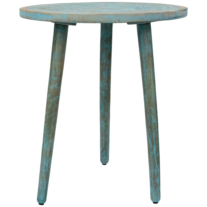 22" Antique Blue Engraved Wooden Tri Leg Round Side Table