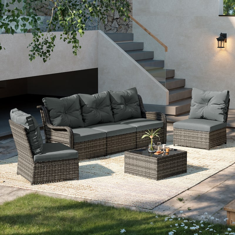 6-pieces Patio Wicker Outdoor Sectional Seating Sofa Set with Coffee Table - Grey-GreyFrame - Grey Frame