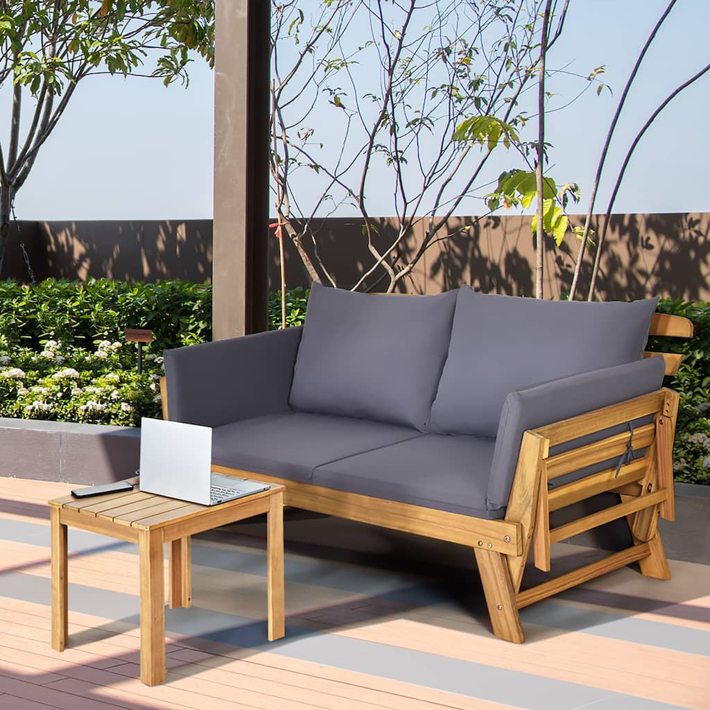 Acacia Wood Patio Convertible Sofa Bed with Adjustable Armrest