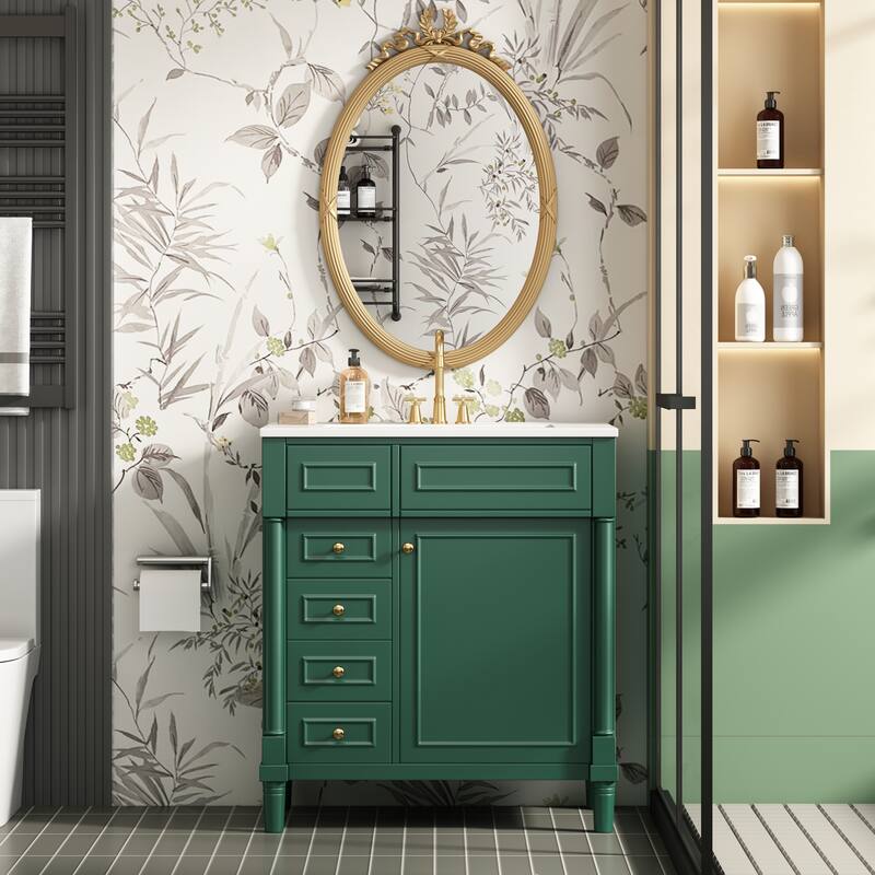 GDFStudio - Briarton Modern Freestanding Bathroom Vanity with Ceramic Sink and 2 Storage Drawers & Soft-Closing Door - 30'W - Green