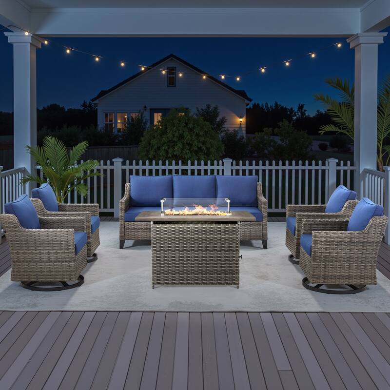 Pocassy 6 Pieces Fire Pit Table w/ Sofa Swivel Chair - Blue Cushion Gray Wicker - 6-Piece Fire Pit Table w/ Sofa Swivel Chair