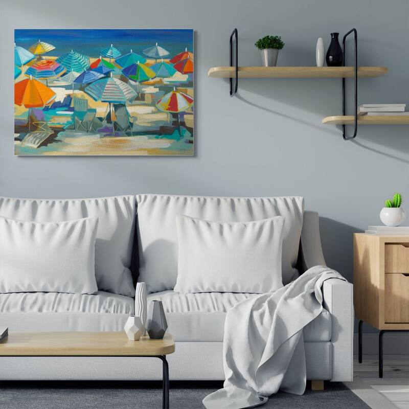 Stupell Colorful Beach Umbrella Landscape Nautical Deep Blue Canvas Wall Art