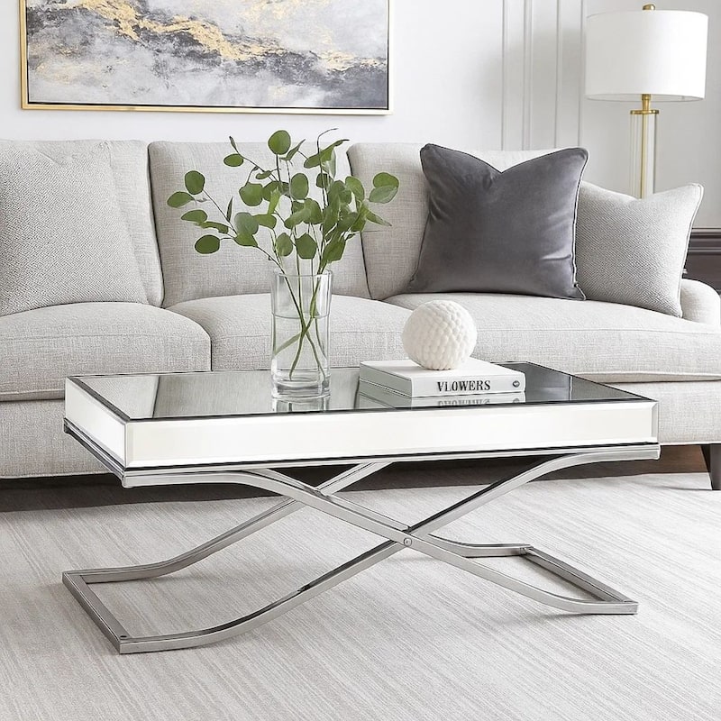 Gavin 48 Inch Coffee Table, Mirrored Panels, Curved Crossed Frame, Chrome