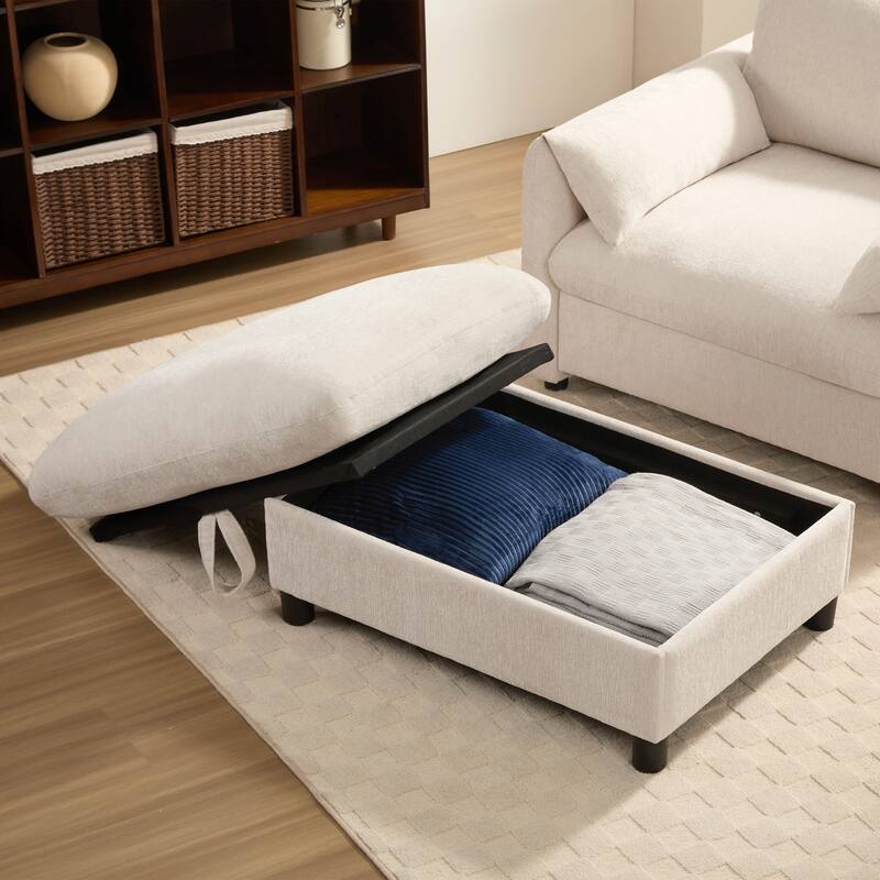 Single Sofa Chair and Storage Ottoman Sets, Chenille Accent Chair Wide Seat Chaise Lounge Couch with Phone Holder & USB Chargers