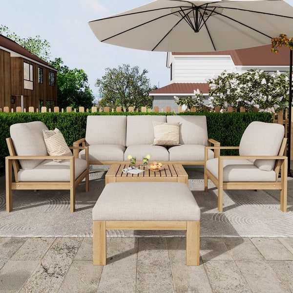 Christopher Knight Home - Lucas Outdoor 5-Piece Acacia Wood Sectional Sofa Set with Cushions